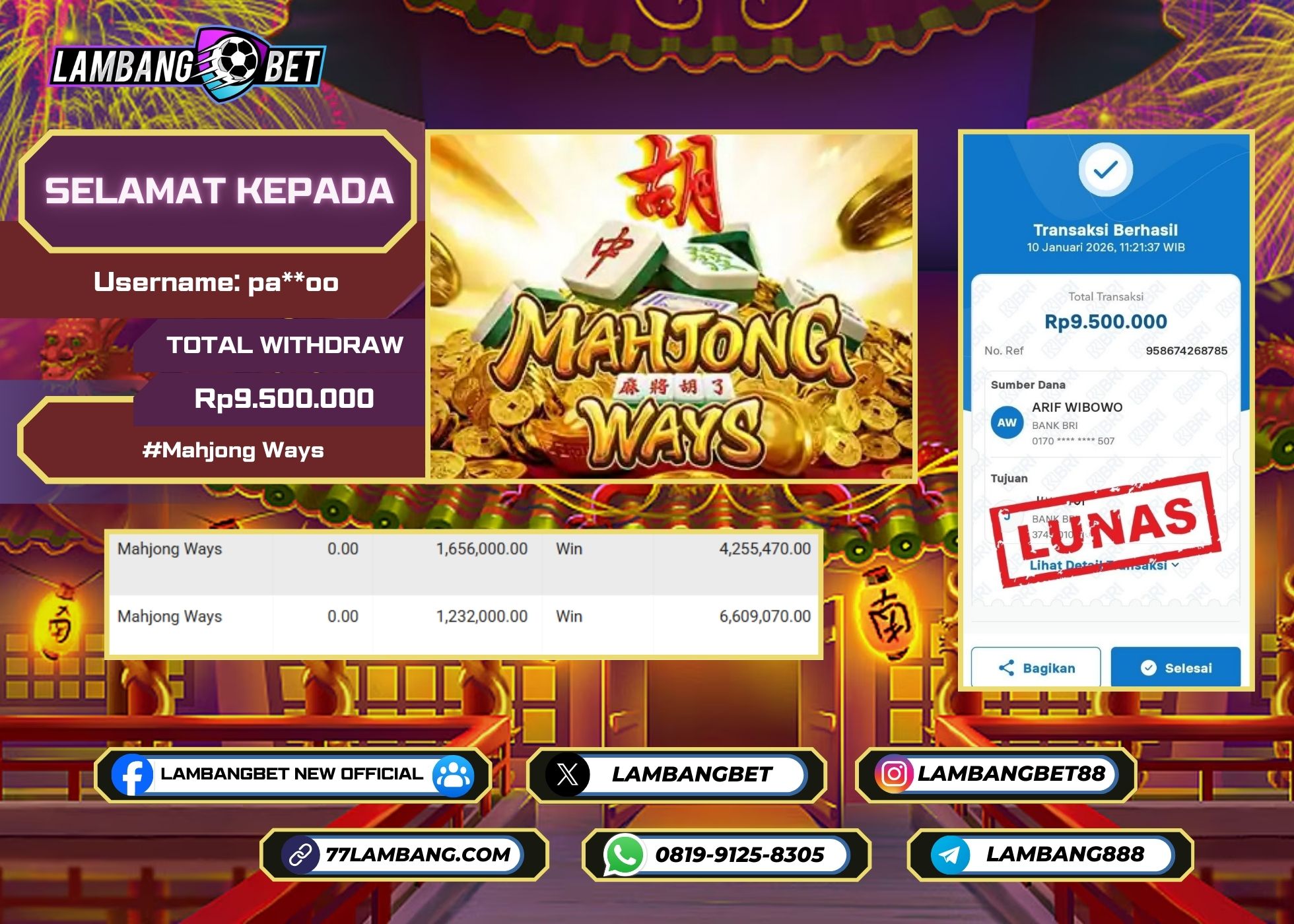 LAMBANGBET [10 JANUARI 2026] JACKPOT SLOT Mahjong Ways "Rp9.500.000" LUNAS